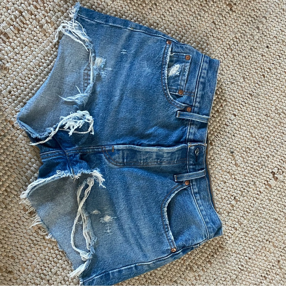 Levi's Blue Distressed Jean Shorts with Frayed Hem